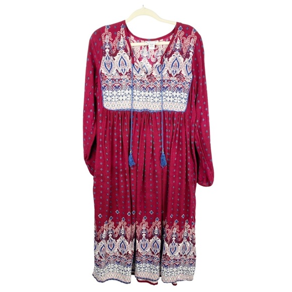 Expressions Womens Boho Maxi Dress Long Sleeve Tassels Split Neck Red Size Large - Picture 1 of 5